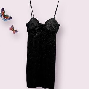 💎 Black Velvety Sparkle Babydoll Adjustable Spaghetti Strap Dres
